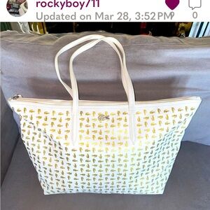 Lacoste white/gold tote, large, leather trim